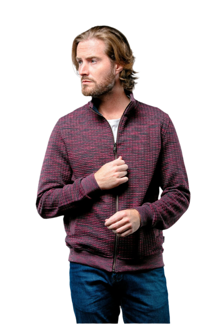 Full Zip Waffle Knit Cardigan Sweater in Burgundy - 7 Downie St.®