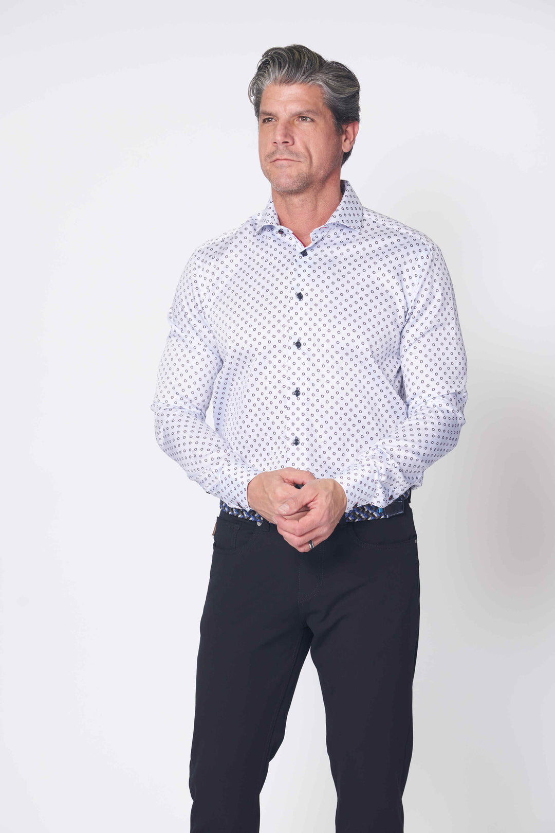 Luxe Non-Iron Printed Sport Shirt in Light Blue with Red Print - 7 Downie St.®