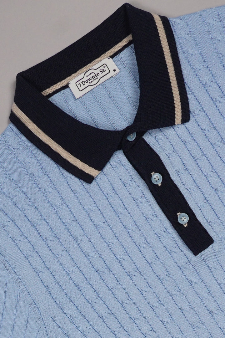 3 Button Cable Knit Polo in Light Blue - 7 Downie St.®