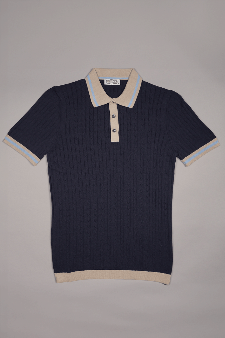 3 Button Cable Knit Polo in Navy - 7 Downie St.®