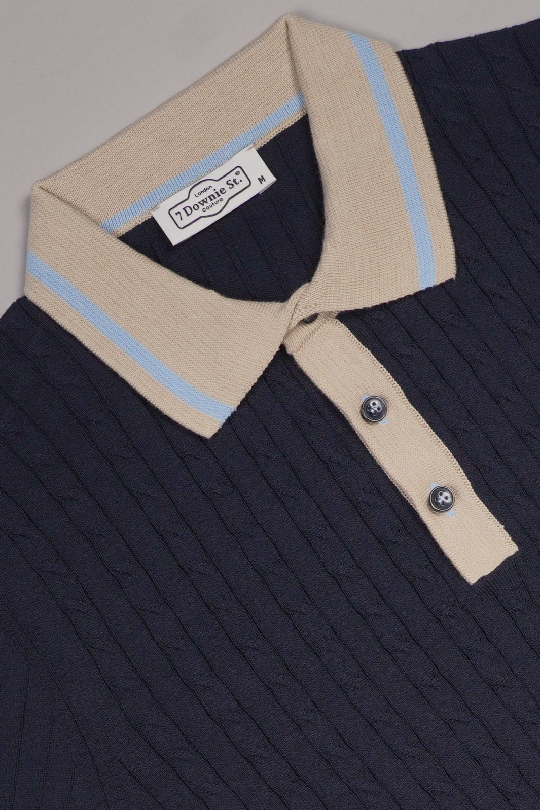 3 Button Cable Knit Polo in Navy - 7 Downie St.®