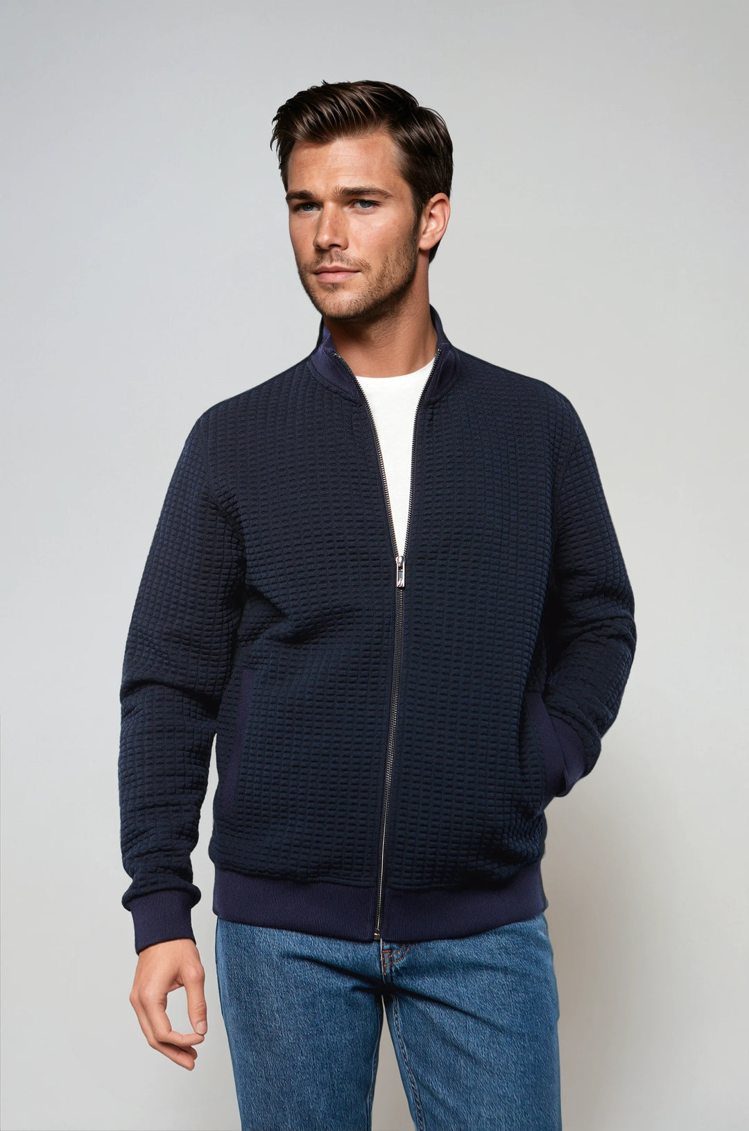Full Zip Waffle Knit Cardigan Sweater in Navy - 7 Downie St.®