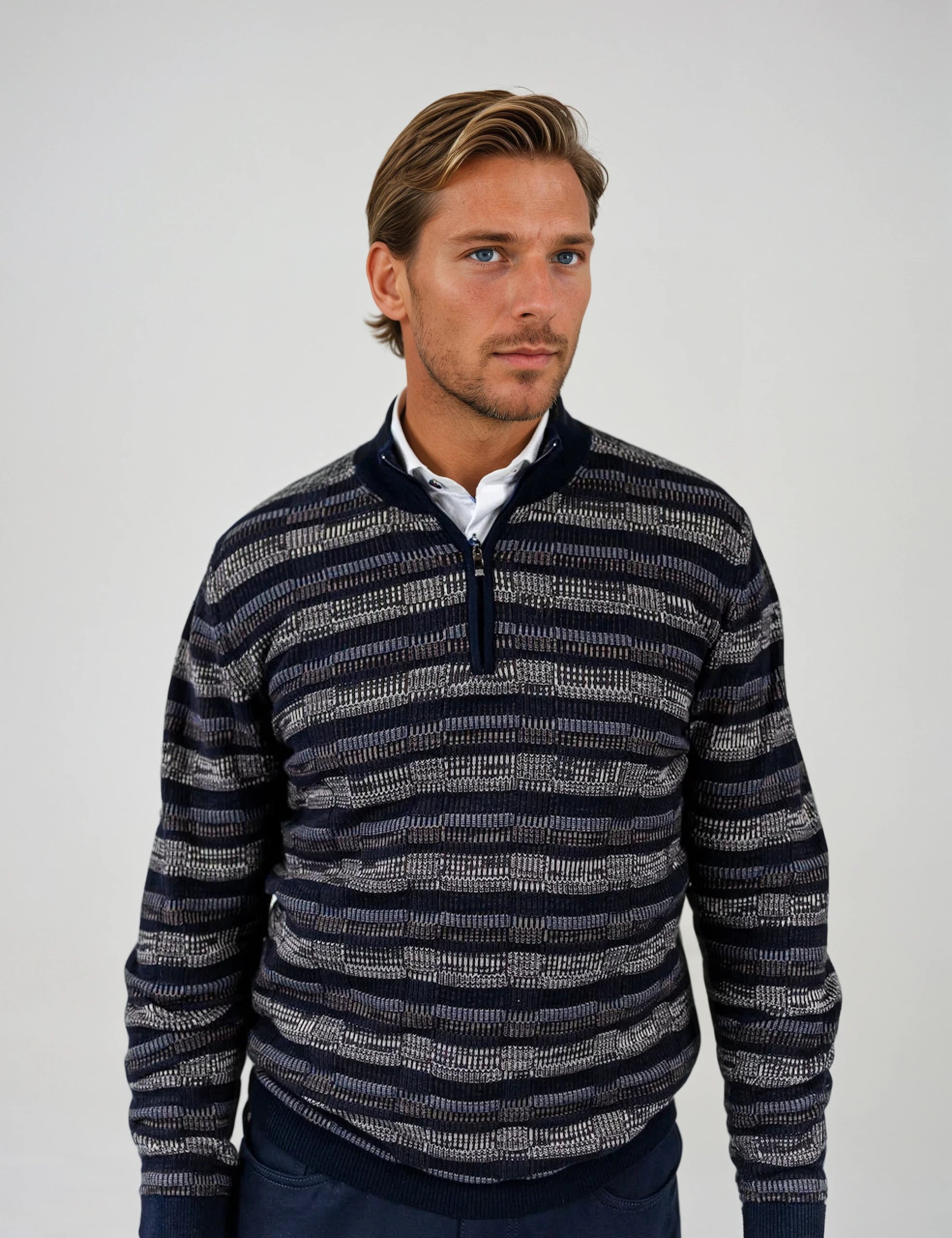 Navy and Brown Striped Quarter Zip Sweater – 7 Downie St.®