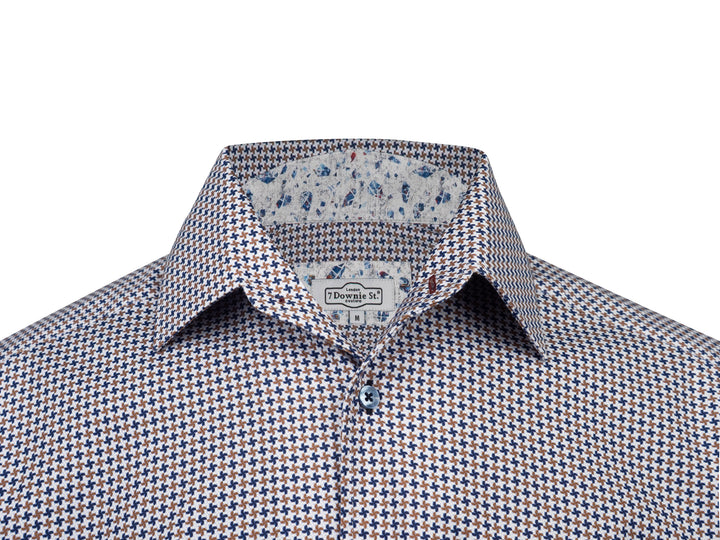 White, Navy, Brown Geometric Sport Shirt