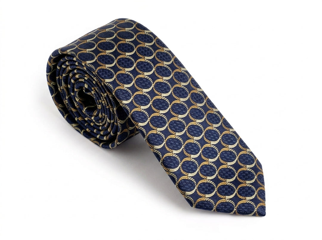 A rolled-up necktie featuring a repeating pattern of interlocking gold rings on a textured navy blue background, set against a plain white studio backdrop.