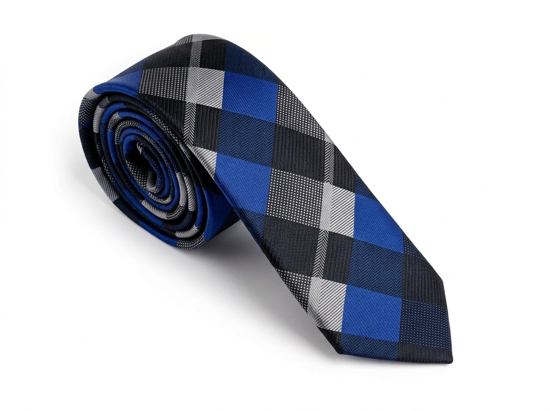 A rolled necktie featuring a blue, black, and white checkered pattern, displayed on a clean white background.