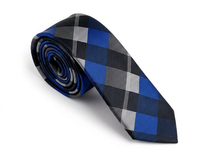 A rolled necktie featuring a blue, black, and white checkered pattern, displayed on a clean white background.