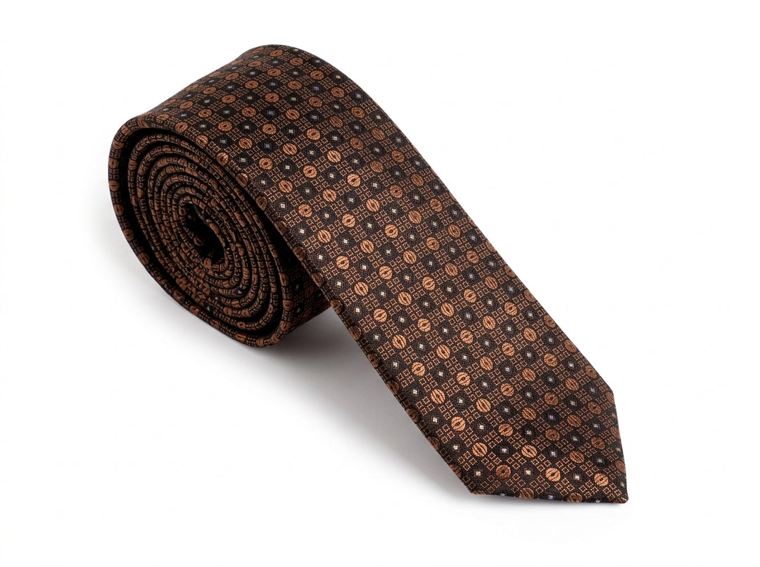 A rolled-up necktie with a repeating geometric pattern in brown, black, and beige, displayed on a clean white background.
