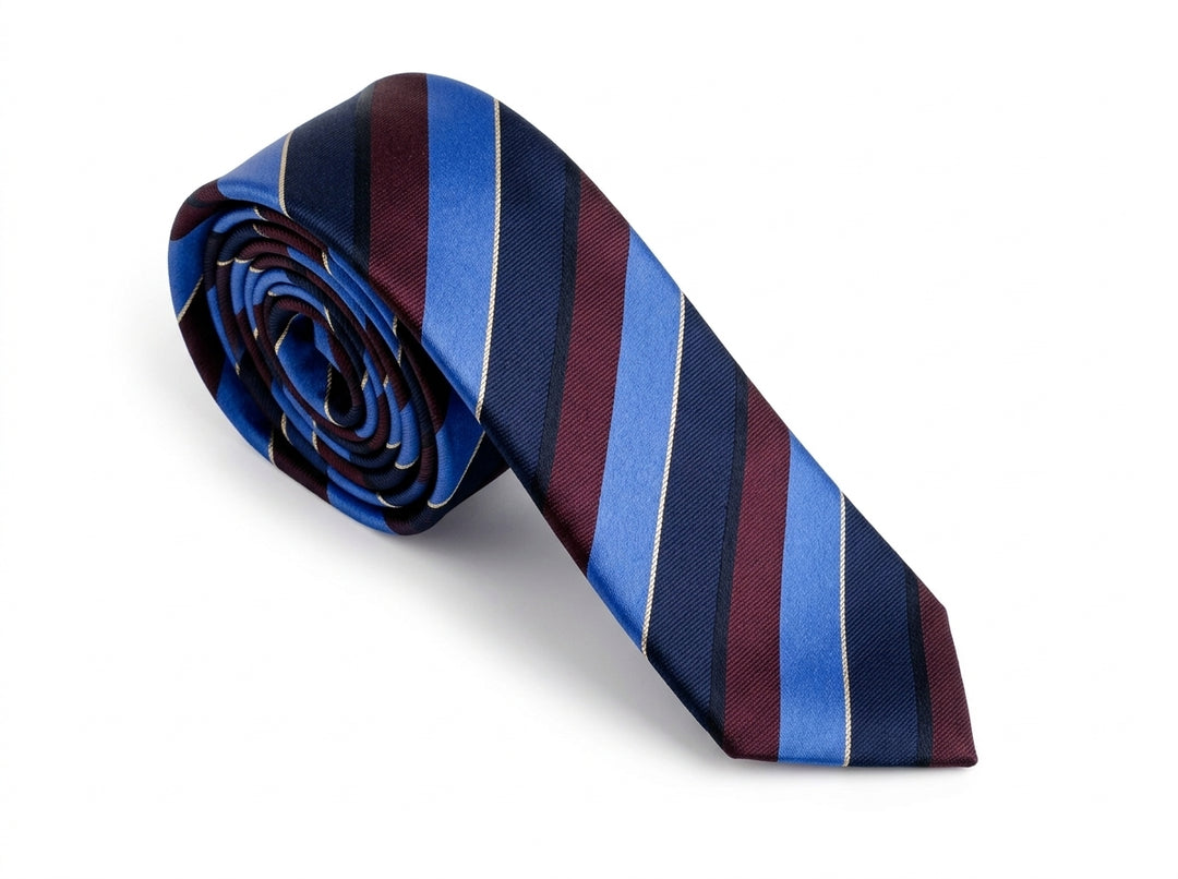 A rolled necktie with diagonal stripes of royal blue, navy blue, burgundy, and thin white lines, displayed on a clean white background.
