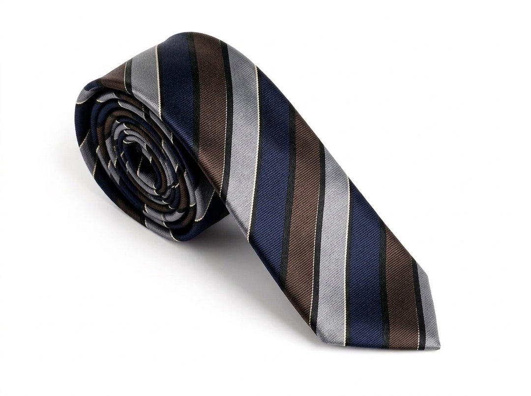A rolled-up striped necktie with diagonal bands of navy blue, brown, and silver-gray on a clean white background.