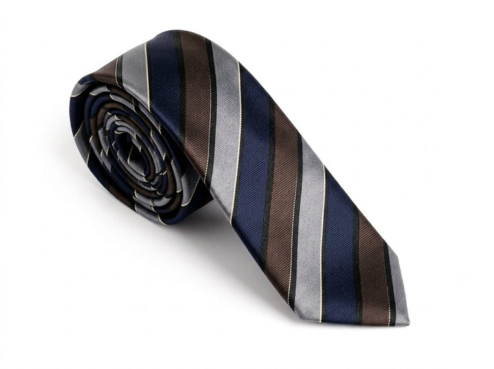 A rolled-up striped necktie with diagonal bands of navy blue, brown, and silver-gray on a clean white background.