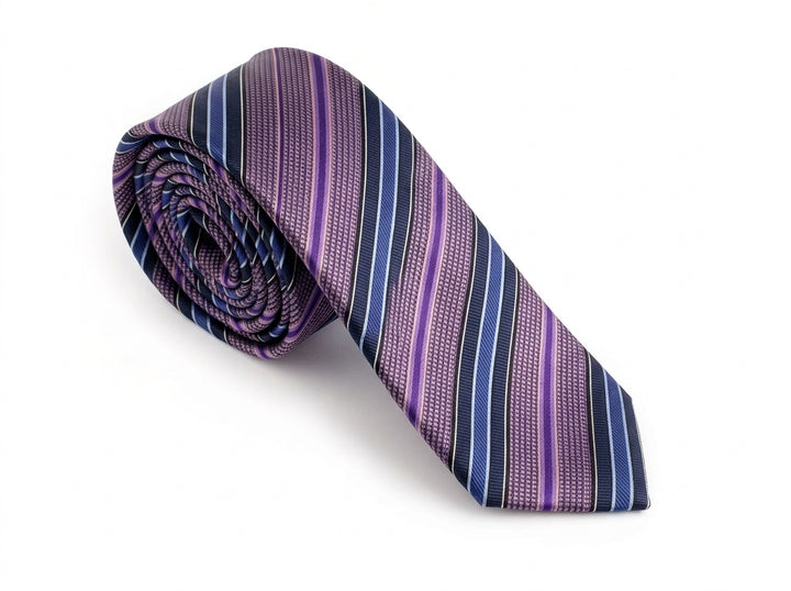 A rolled-up necktie featuring a textured pattern of purple, blue, and pink vertical stripes, displayed on a clean white background.