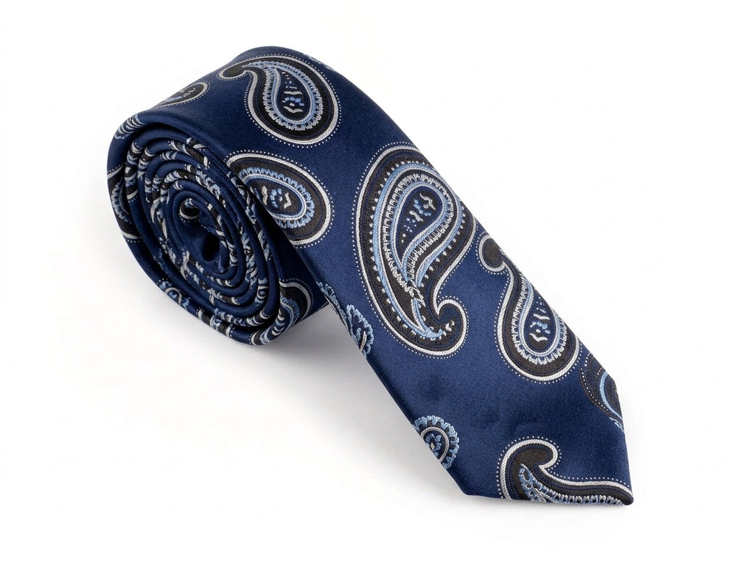 A navy blue silk necktie with a classic paisley pattern in white and silver, rolled on a clean white background.