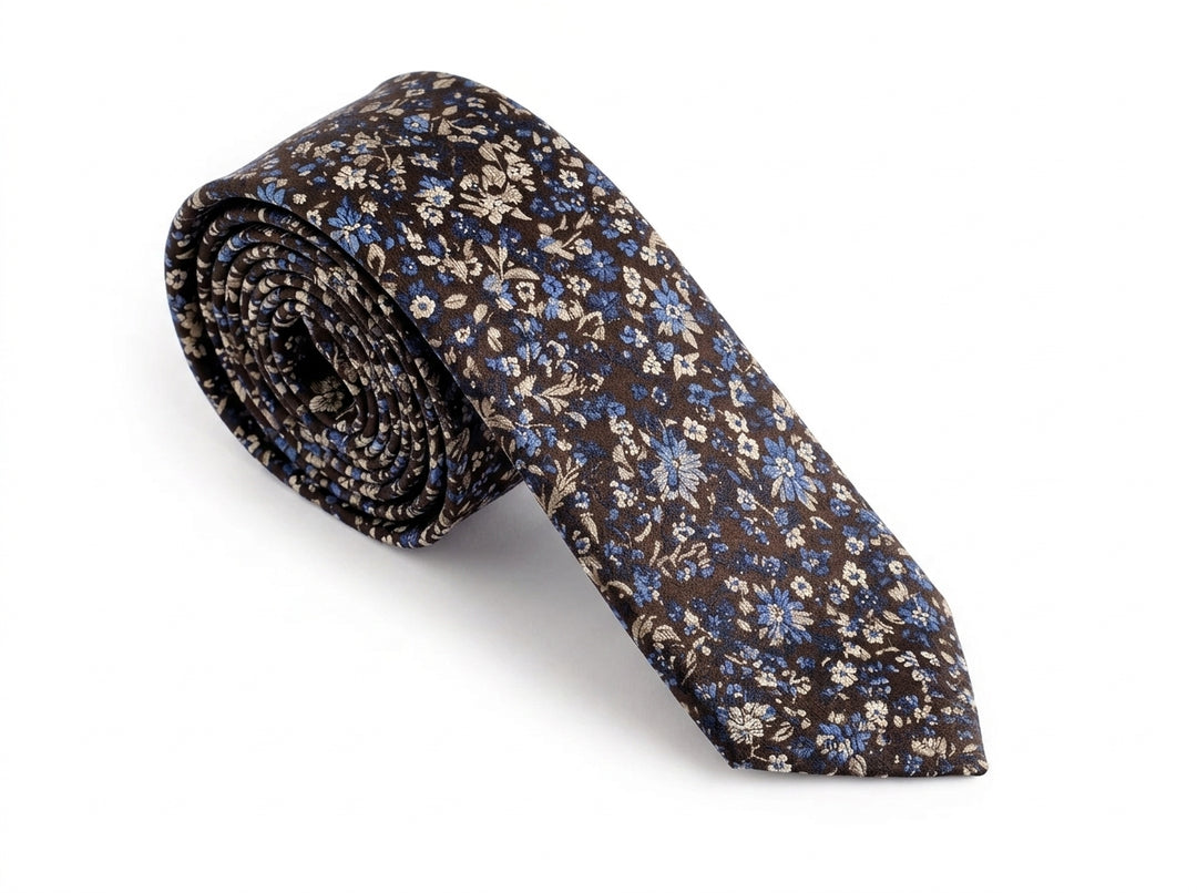 A rolled-up necktie featuring a dense floral pattern in blue, beige, and white on a dark brown background, set against a plain white studio backdrop.