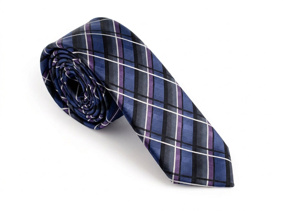 A rolled necktie with a blue, black, and purple plaid pattern, displayed on a clean white background.