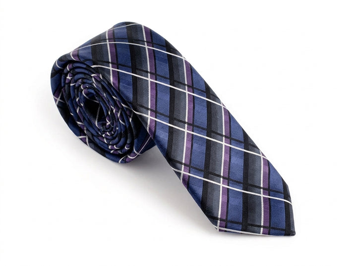 A rolled necktie with a blue, black, and purple plaid pattern, displayed on a clean white background.