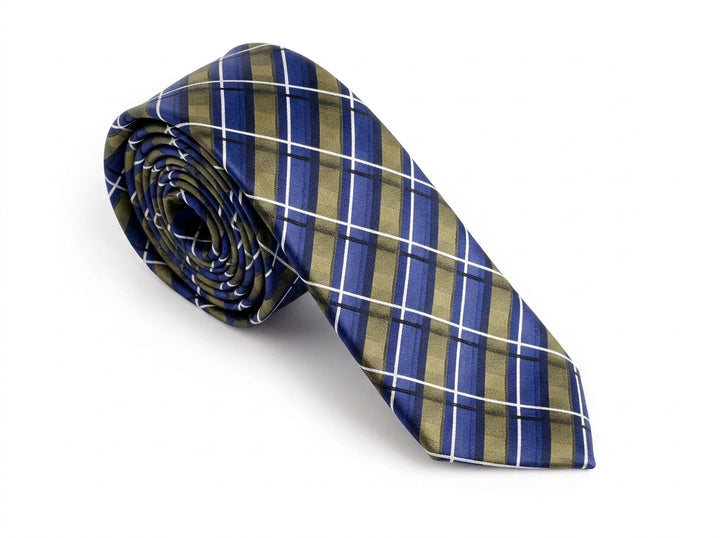 A rolled necktie featuring a blue, olive green, and white plaid pattern, displayed on a clean white background.
