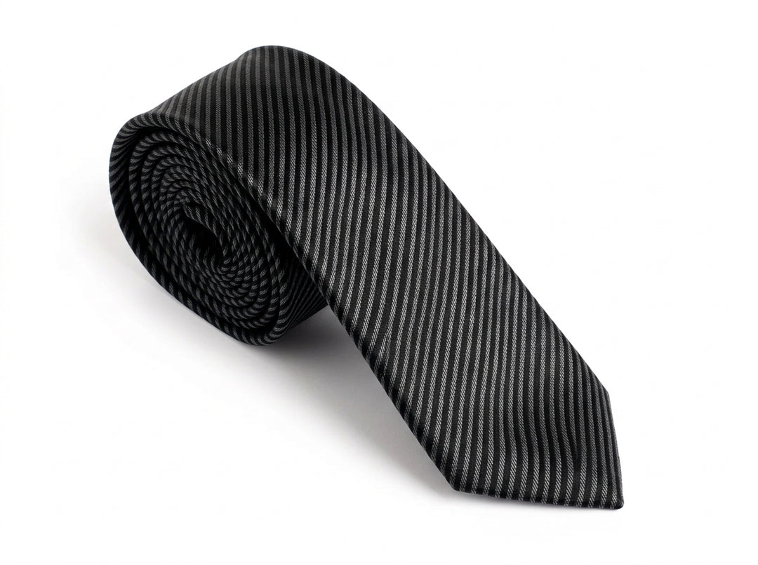 A rolled black necktie with a fine diagonal striped pattern, displayed on a clean white background.