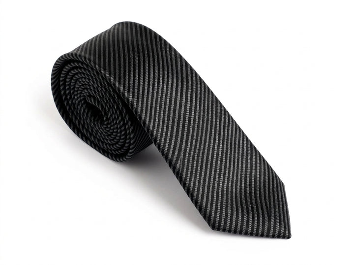 A rolled black necktie with a fine diagonal striped pattern, displayed on a clean white background.