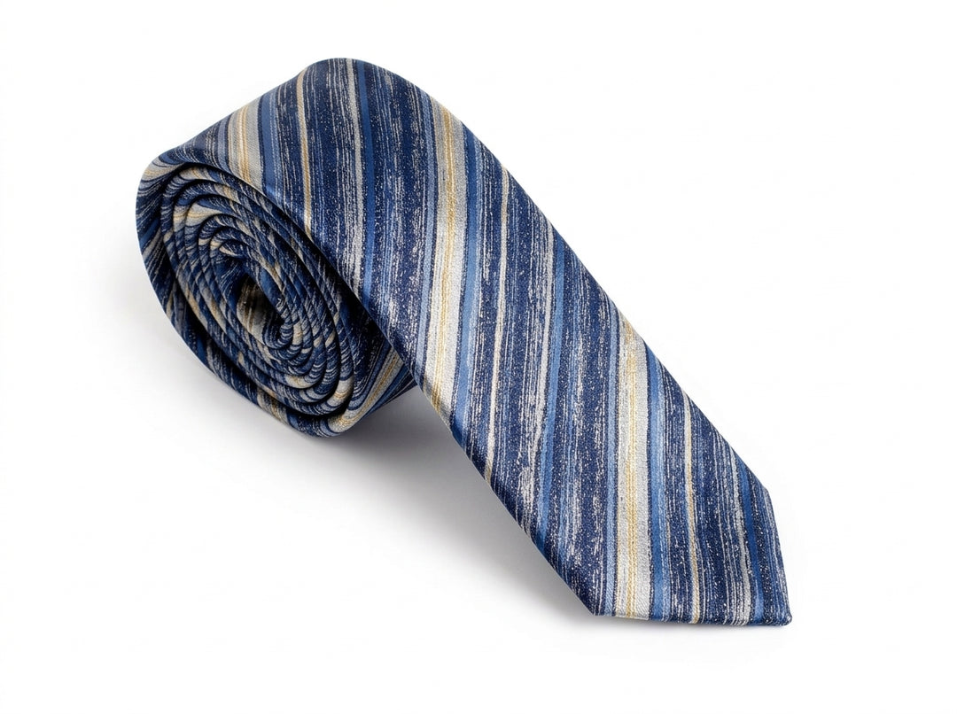 A rolled necktie with a textured vertical stripe pattern in shades of blue, navy, and beige, displayed on a clean white background.