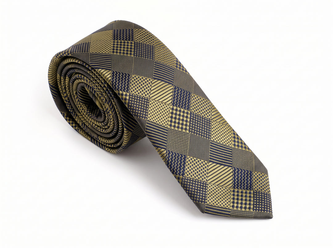 A rolled necktie with a geometric checkered pattern in olive green, navy blue, and beige, displayed on a clean white background.