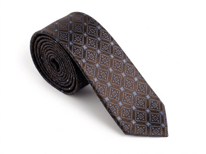 A rolled-up necktie with a brown and gray geometric diamond pattern, displayed on a clean white background.