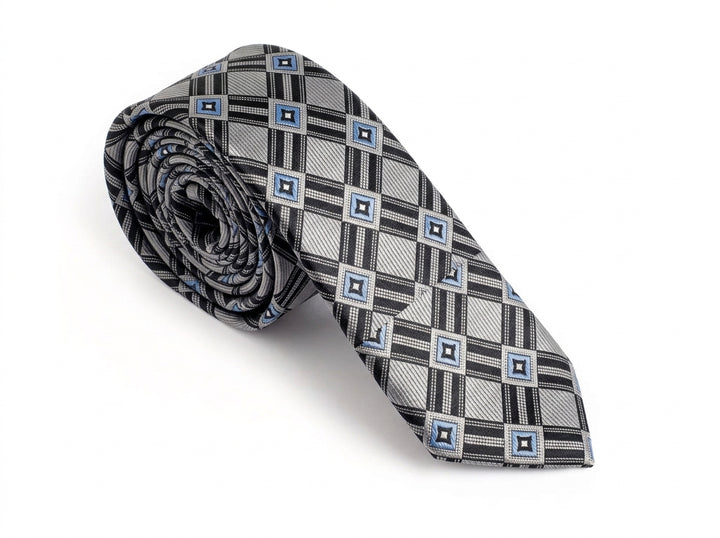 A rolled necktie featuring a geometric plaid pattern in black, gray, and light blue on a white background.