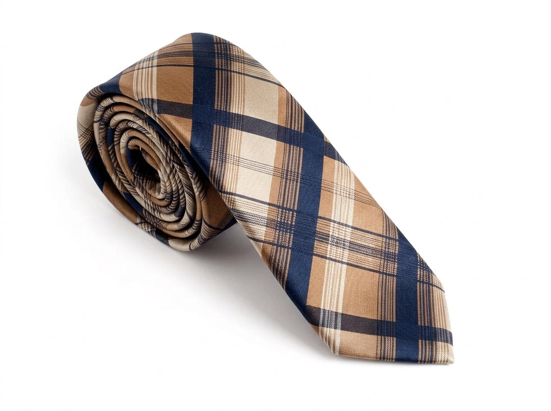 A rolled necktie featuring a classic plaid pattern in beige, brown, navy blue, and white, set against a plain white background.