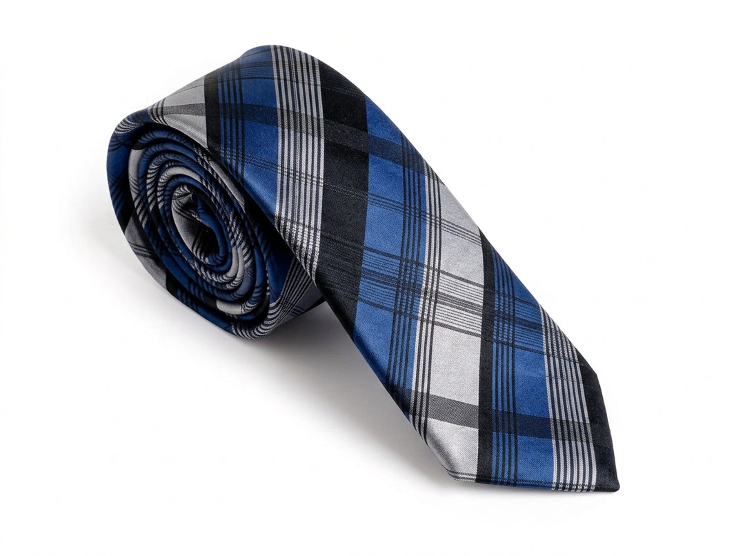 A rolled necktie featuring a blue, black, and silver-gray plaid pattern, displayed on a clean white background.