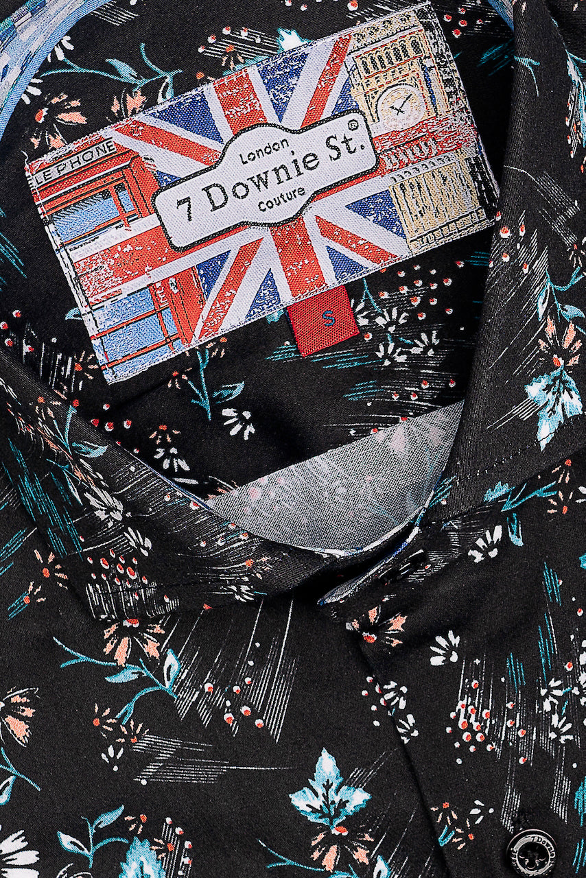 Black long sleeve sport shirt by 7 Downie with floral pattern and British-themed tag.