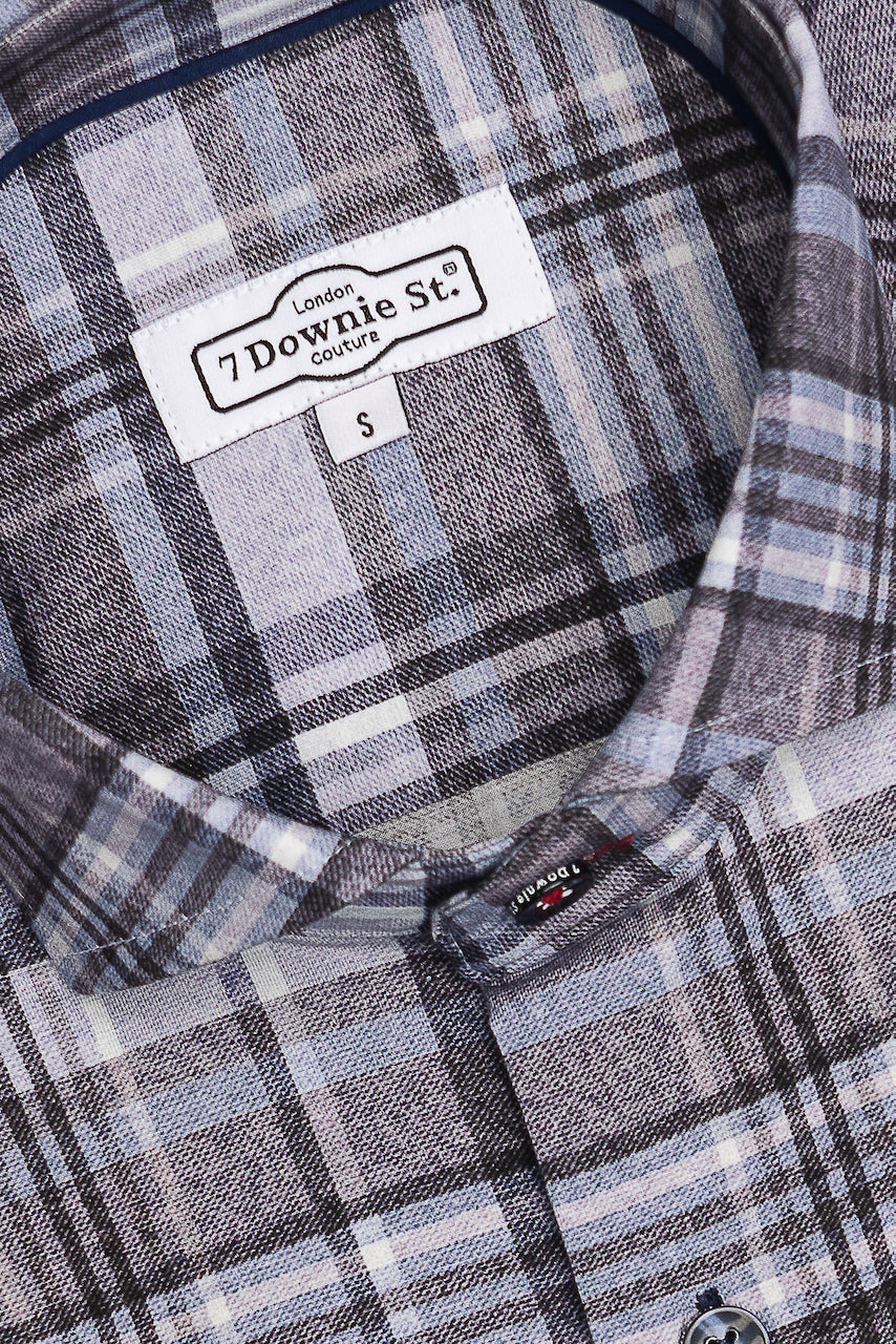 Navy Long Sleeve Sport Shirt with plaid pattern and 7 Downie St. label.