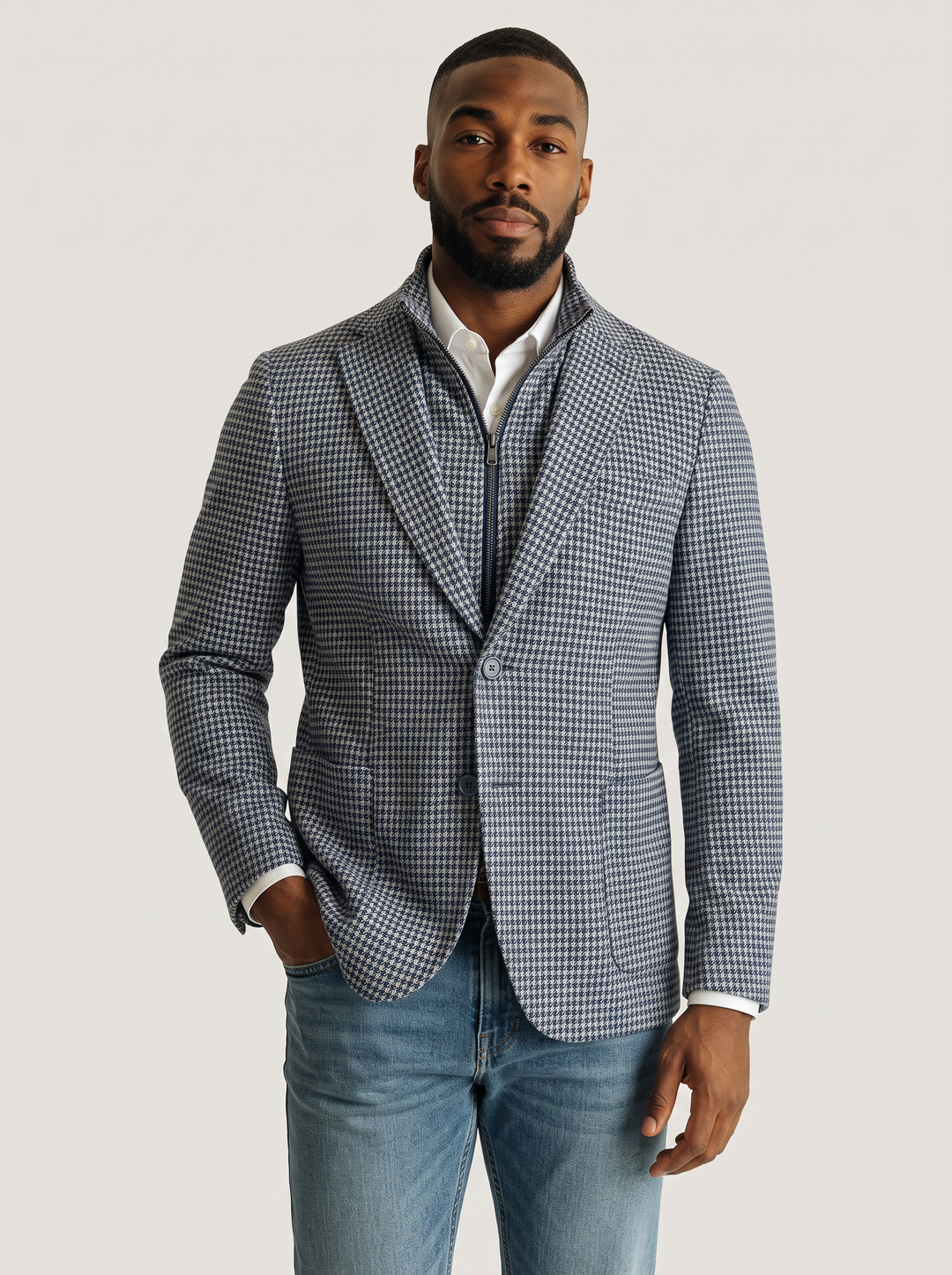 BEDFORD GREY AND NAVY HOUNDSTOOTH KNIT HYBRID SPORT COAT