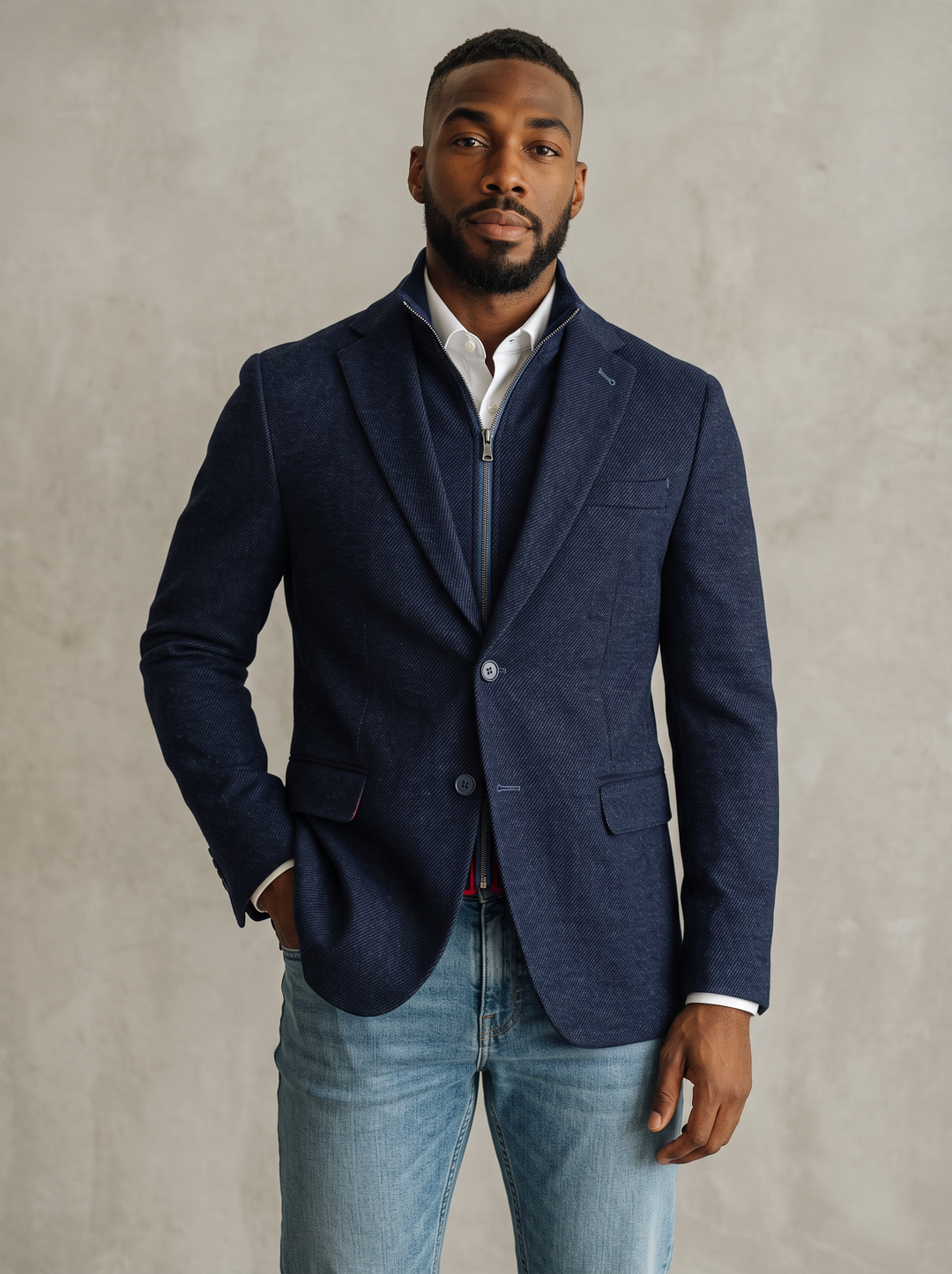 BRANSON NAVY TWILL WOOL AND COTTON KNIT HYBRID SPORT COAT