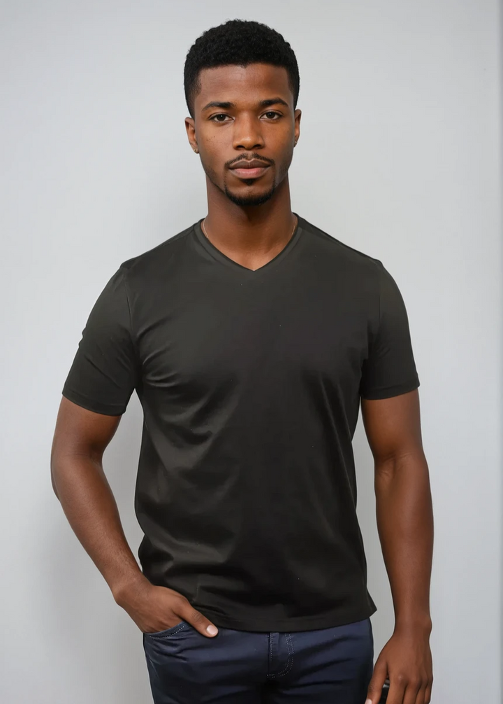 Black Mercerized Cotton V-Neck T-Shirt