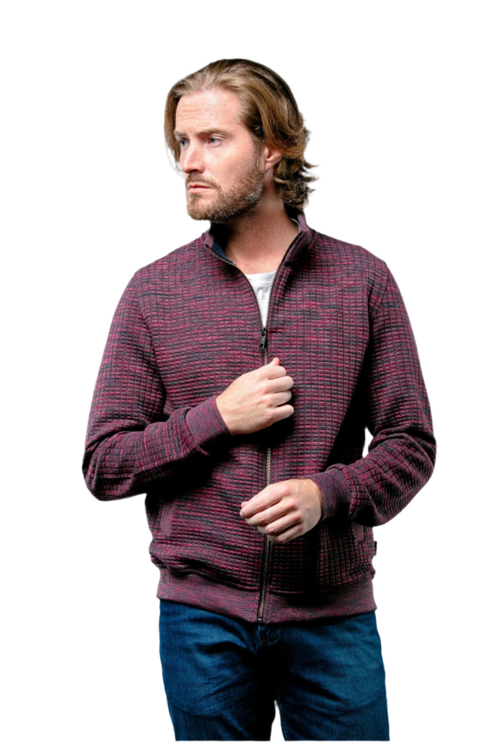 Full Zip Waffle Knit Cardigan Sweater in Burgundy