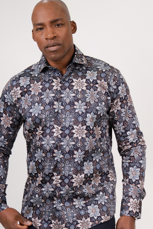 Blue and Brown Floral Print Sport Shirt