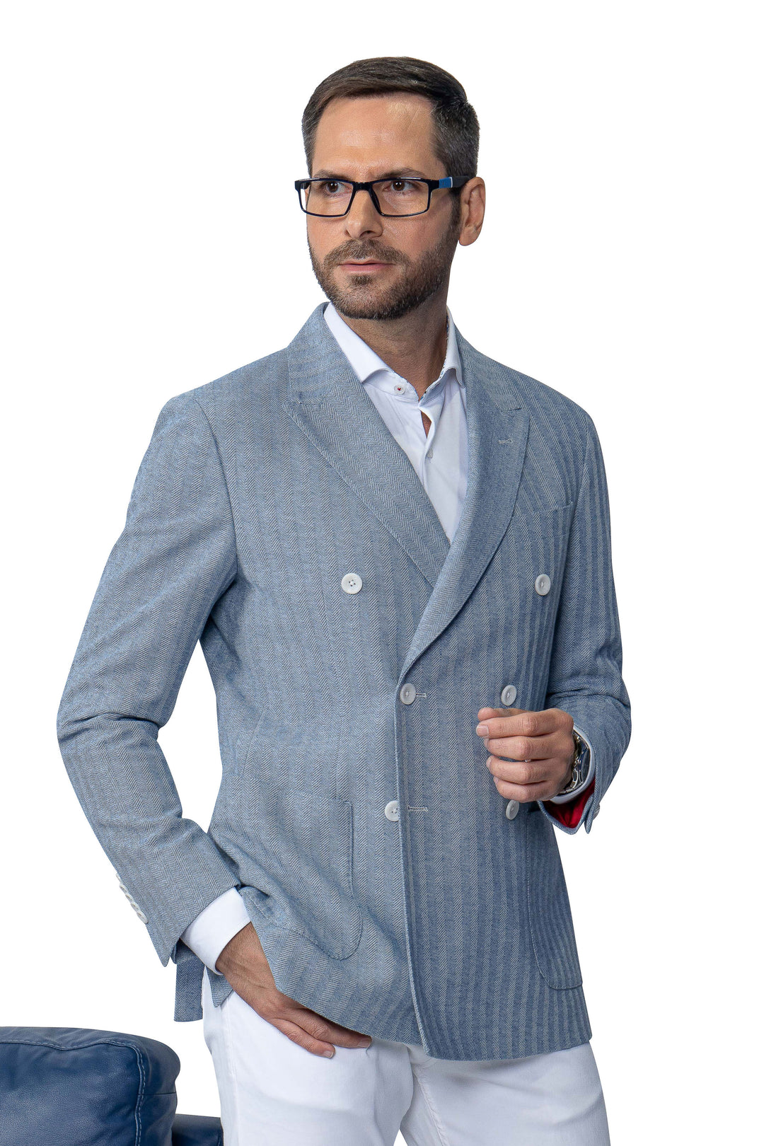 Dorval Blue Double Breasted Cotton Stretch Blazer