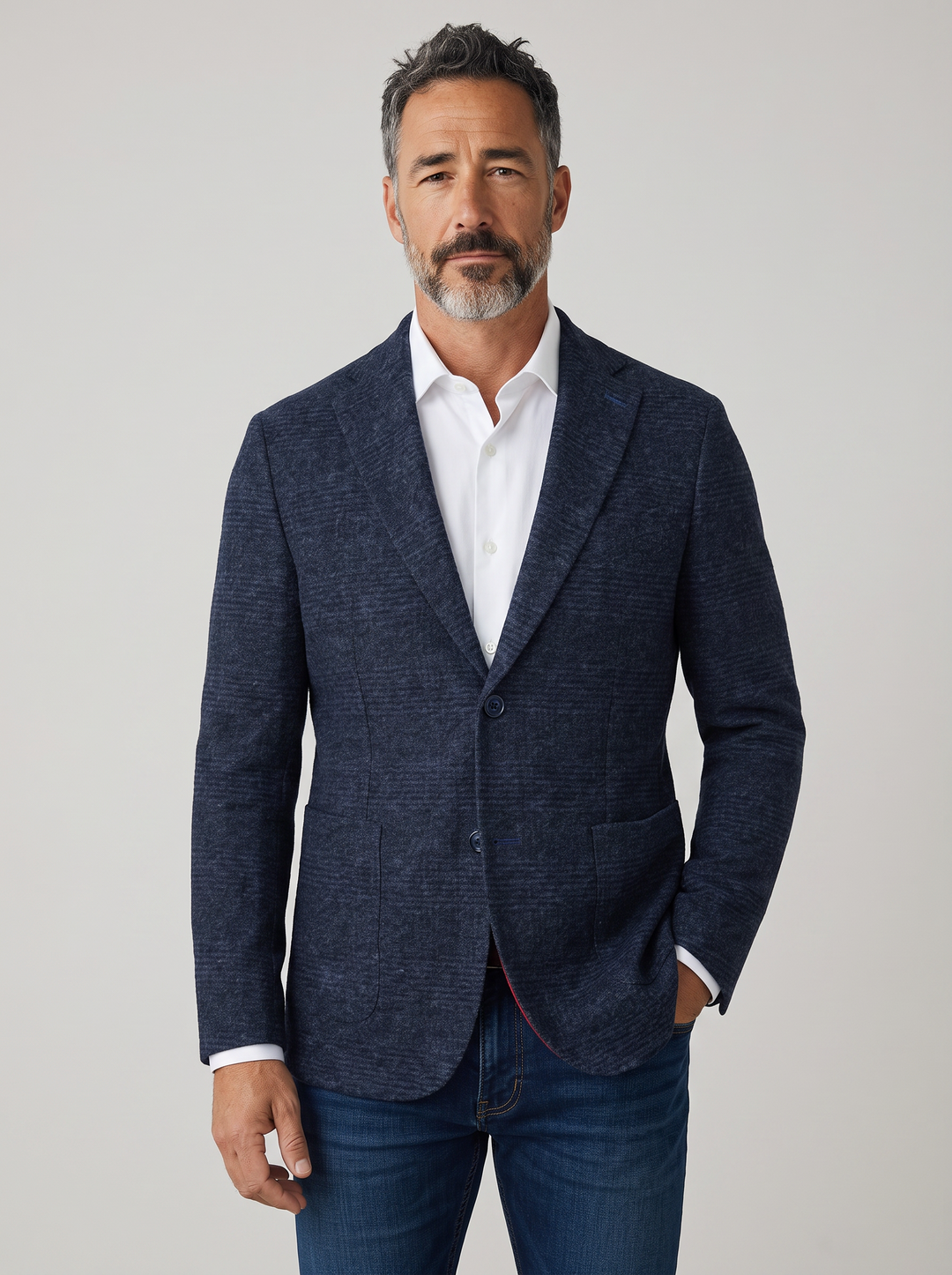 LOUIS NAVY GLEN PLAID BOUCLÉ WOOL BLEND KNIT SPORT COAT