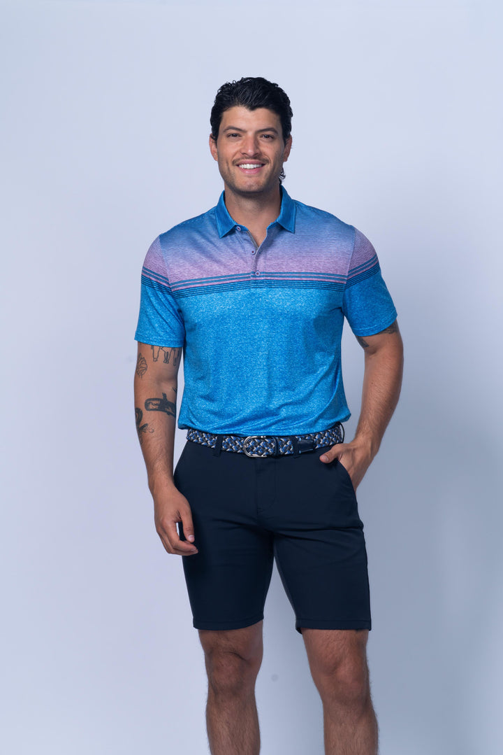 Man wearing a blue and purple striped polo shirt and black shorts