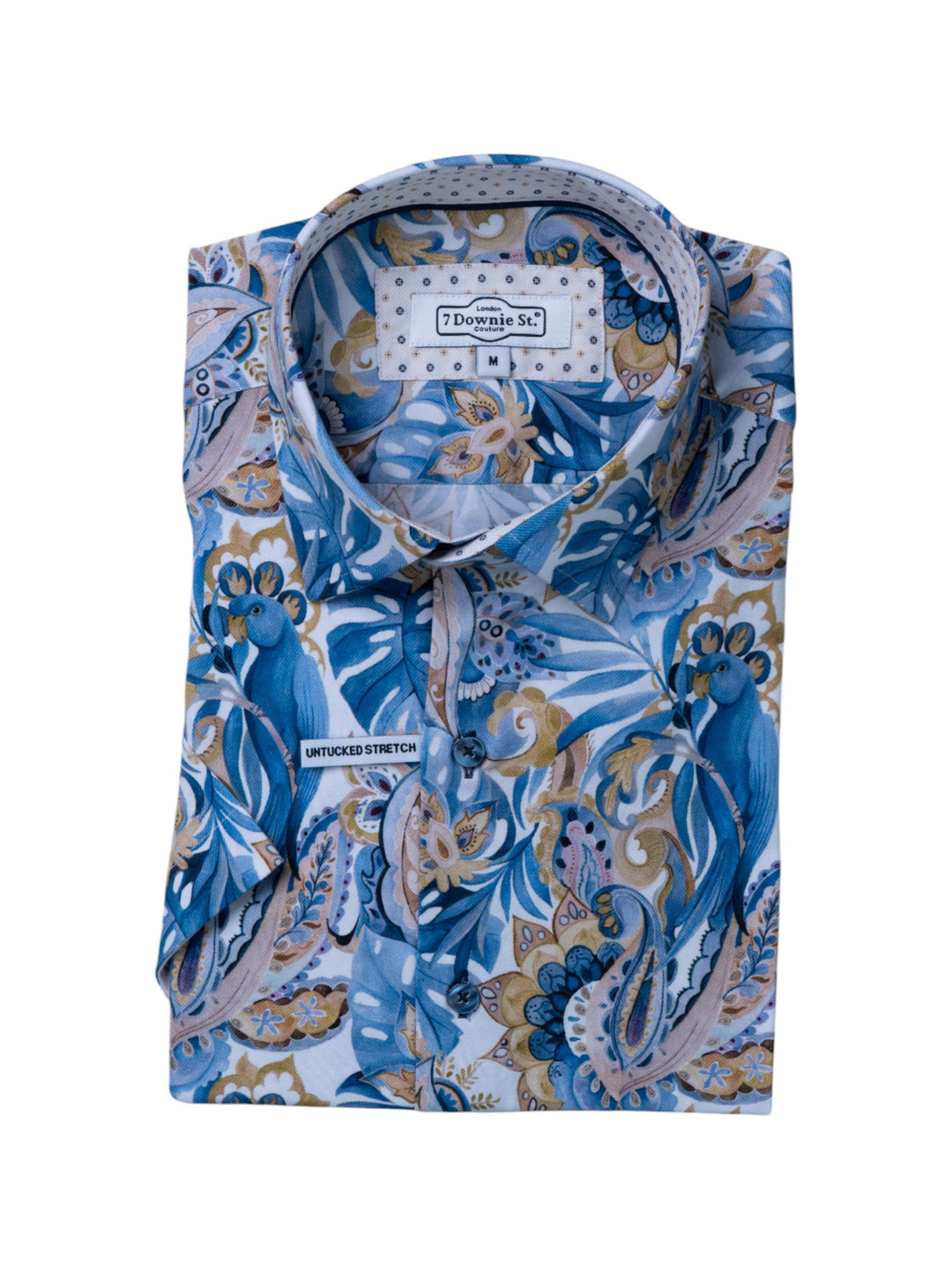 Floral patterned shirt with brand label on a white background