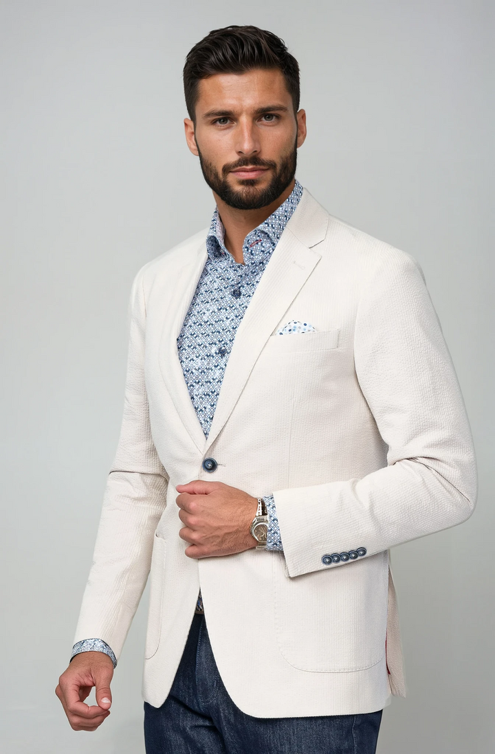 Meridian Beige Stretch Seersucker Blazer