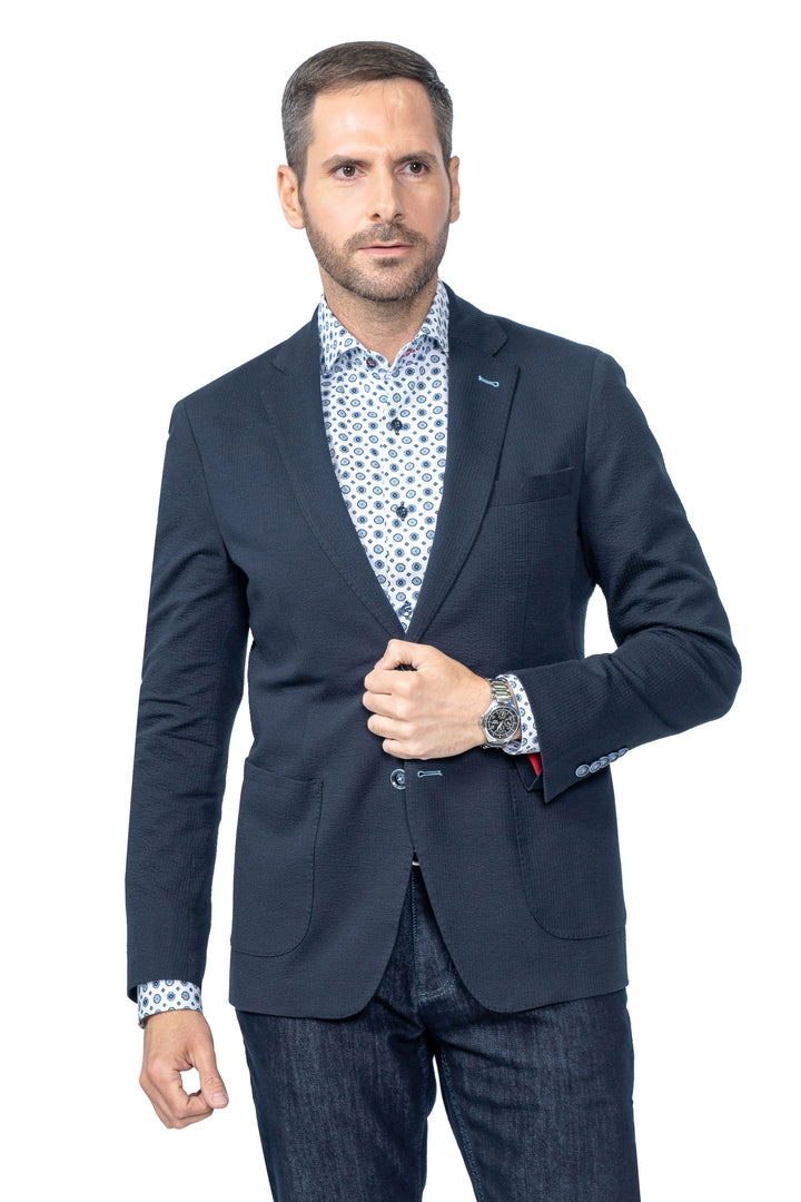 Meridian Navy Stretch Seersucker Blazer