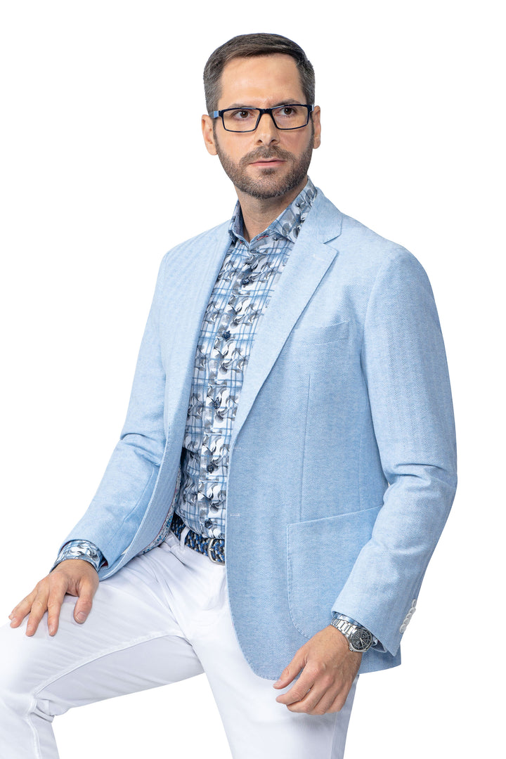 Montclair Light Blue Herringbone Cotton Stretch Blazer