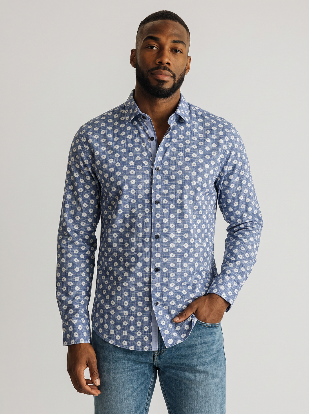 NYL-05 -  FLORAL ULTRASTRETCH NYLON SHIRT - BLUE