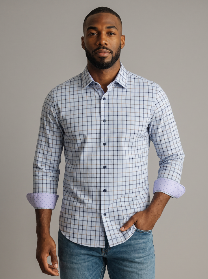 NYL-13 - CHECKERED ULTRASTRETCH NYLON SHIRT - BLUE