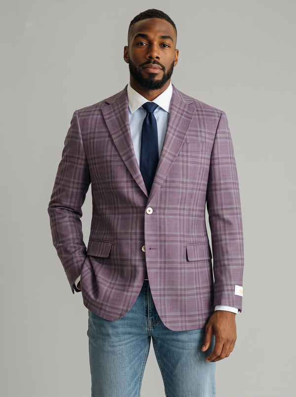 CATANIA WINE SUPER 100'S WOOL NATURAL STRETCH GLEN PLAID SPORT COAT