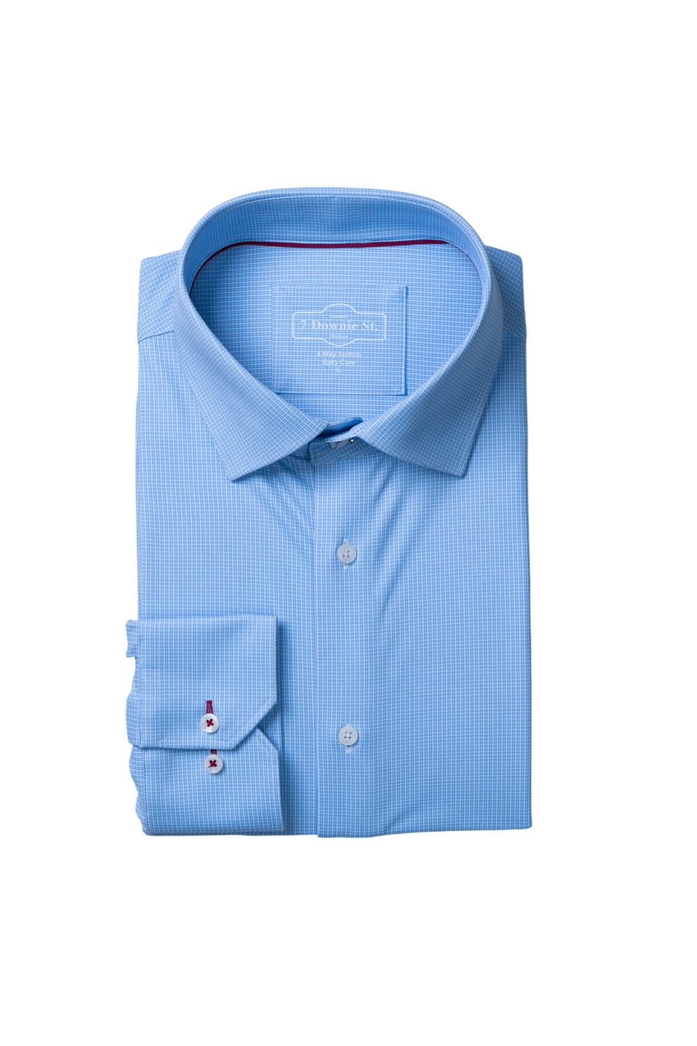 Light blue SilkTouch Knit Shirt with a folded collar, buttoned cuffs, checkered pattern, and a left-side pocket.