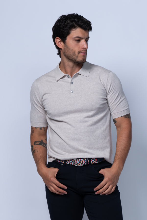 Bergamo 3 Button Fine Cotton Polo in Beige