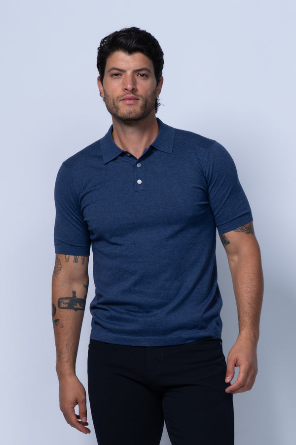 Bergamo 3 Button Fine Cotton Polo in Indigo