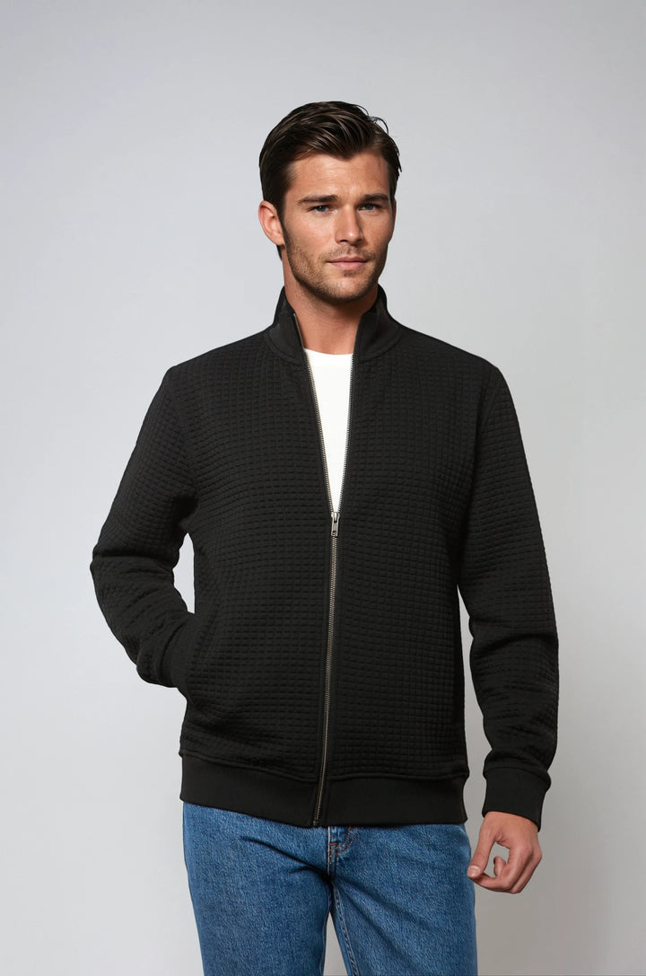 Full Zip Waffle Knit Cardigan Sweater in Black